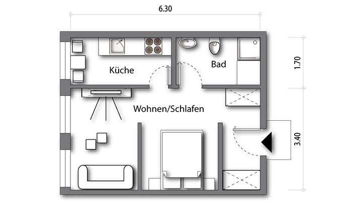 Grundriss möbliertes Apartment Deluxe Boarding | Waldstadt Immobilien Halle Saale Peißen